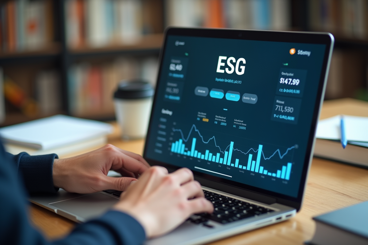 Mains tapant sur un clavier avec interface ESG en arrière-plan