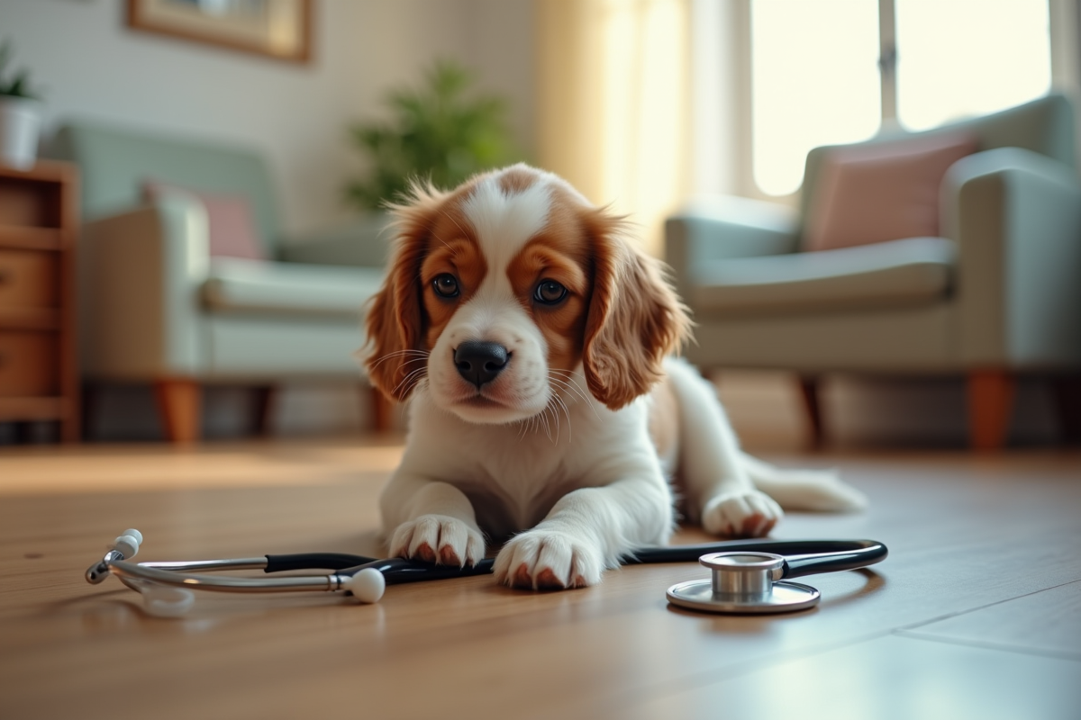 Chiot cocker jouant avec un stéthoscope dans la salle d