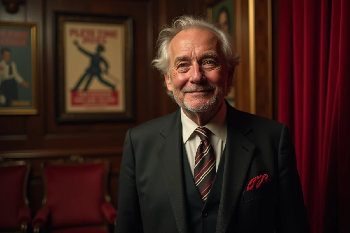 Comedien francais en costume en coulisses avec affiches vintage