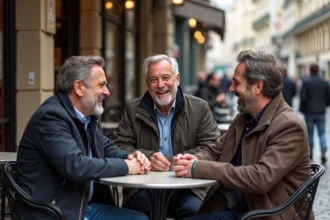 Groupe de comediens francais au cafe parisien en plein air