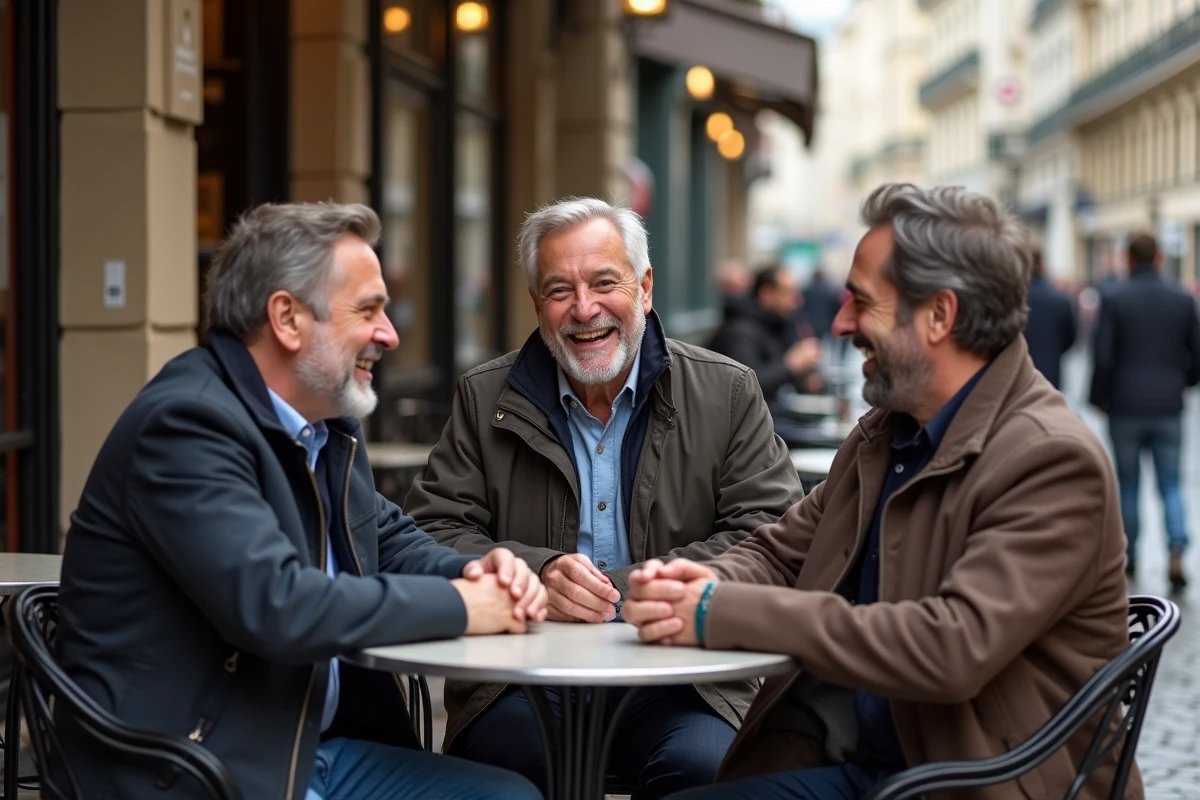 Groupe de comediens francais au cafe parisien en plein air