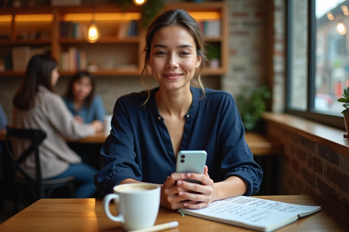Femme comparant les offres et avis de trottinettes And Lime sur une application mobile dans un café