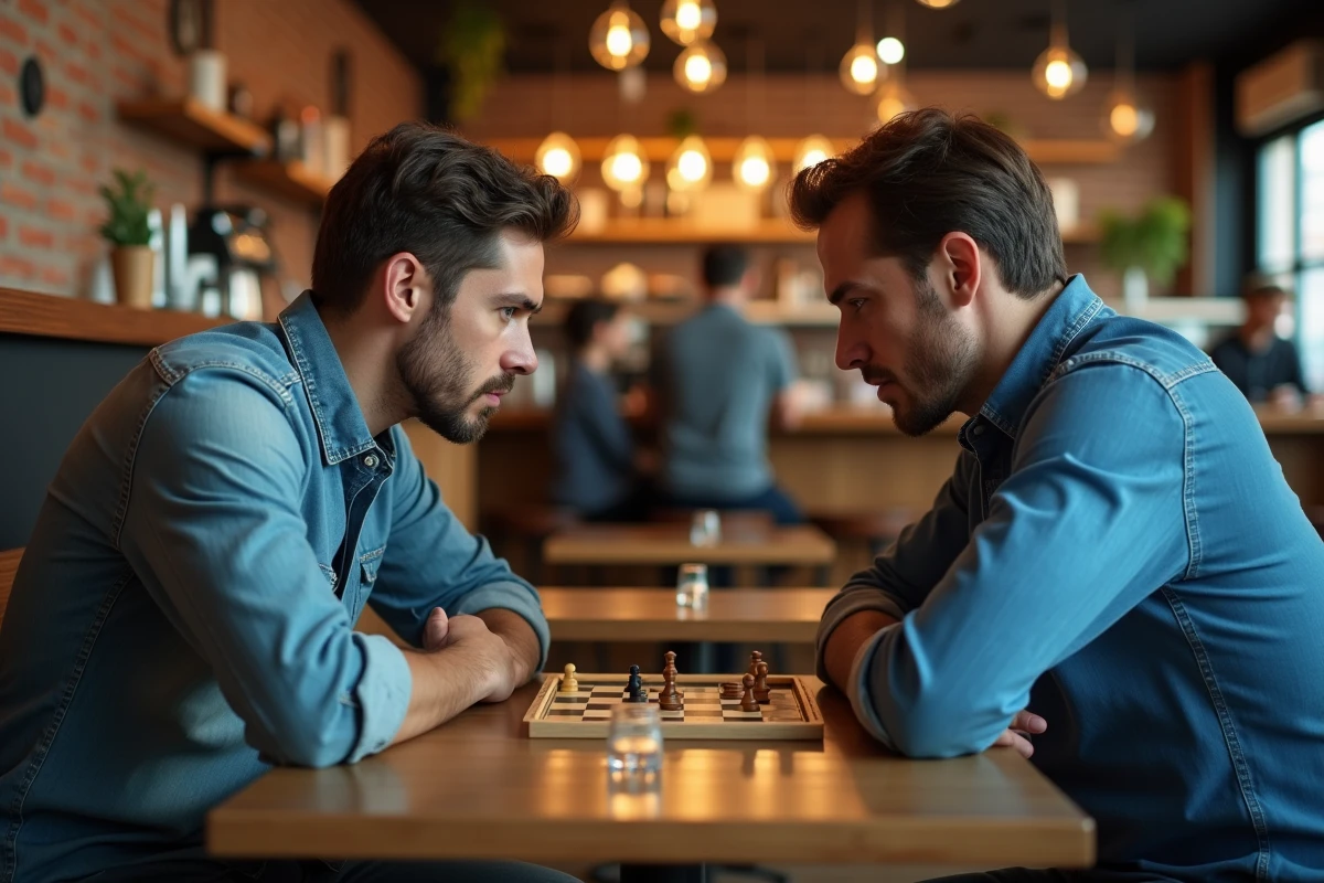 Deux joueurs en confrontation psychologique autour d'un jeu de stratégie dans un café urbain, illustrant les techniques mentales pour garder l'avantage