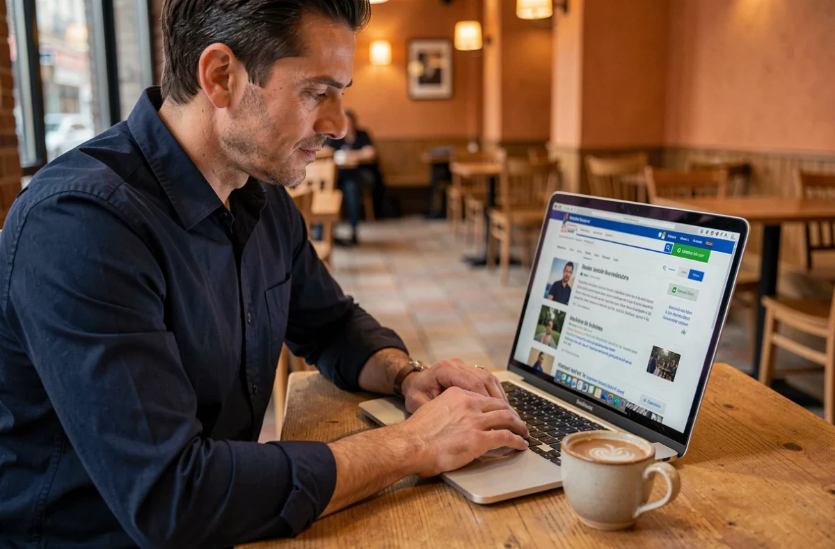 Homme consultant un annuaire téléphonique en ligne sur ordinateur portable dans un café pour trouver les coordonnées d'un particulier