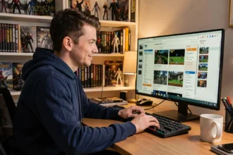 Jeune homme consultant les archives JVC sur un forum de jeux vidéo rétro depuis son bureau à domicile