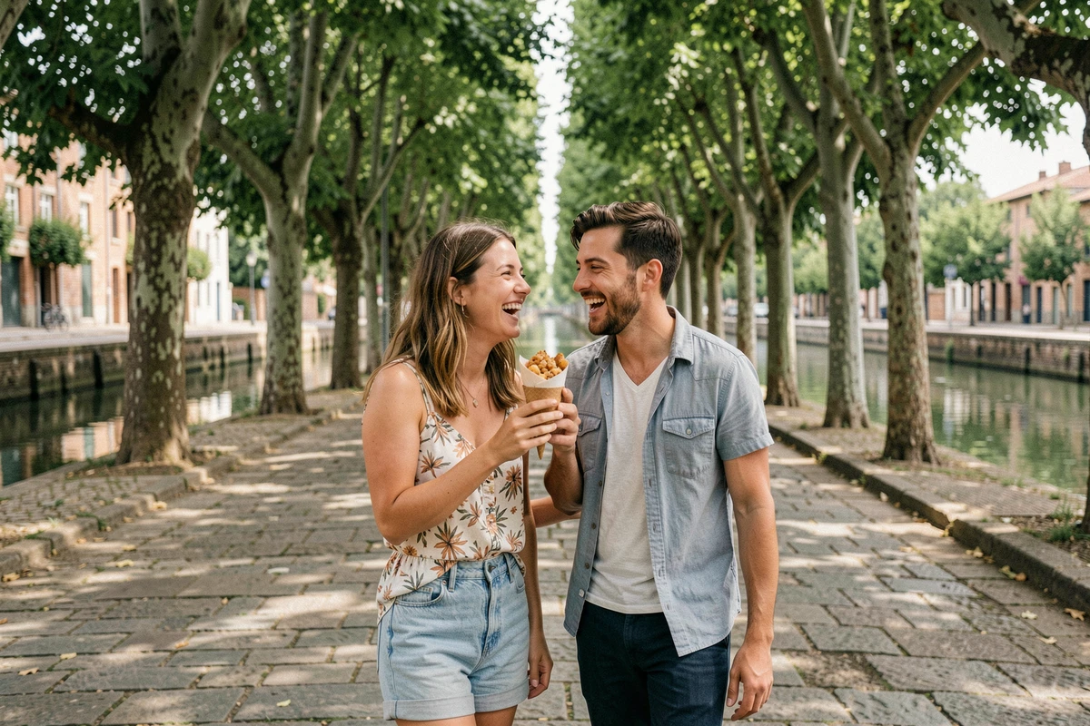 Couple se promenant et partageant une collation sur les rives du Canal du Midi à Toulouse