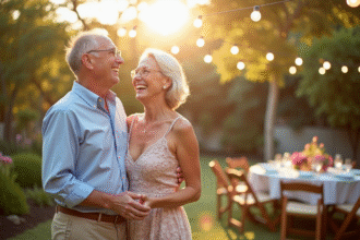 Couple mature heureux lors d'une fête dans un jardin