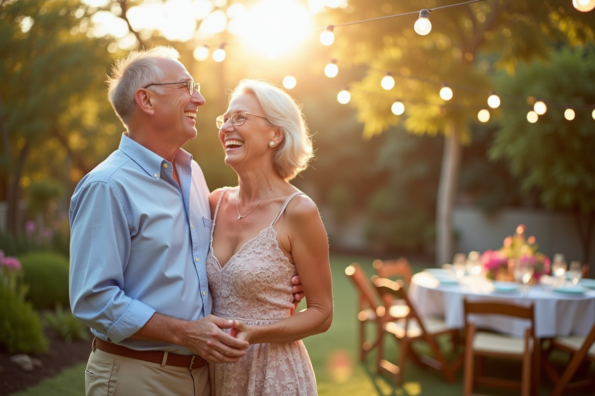Couple mature heureux lors d'une fête dans un jardin