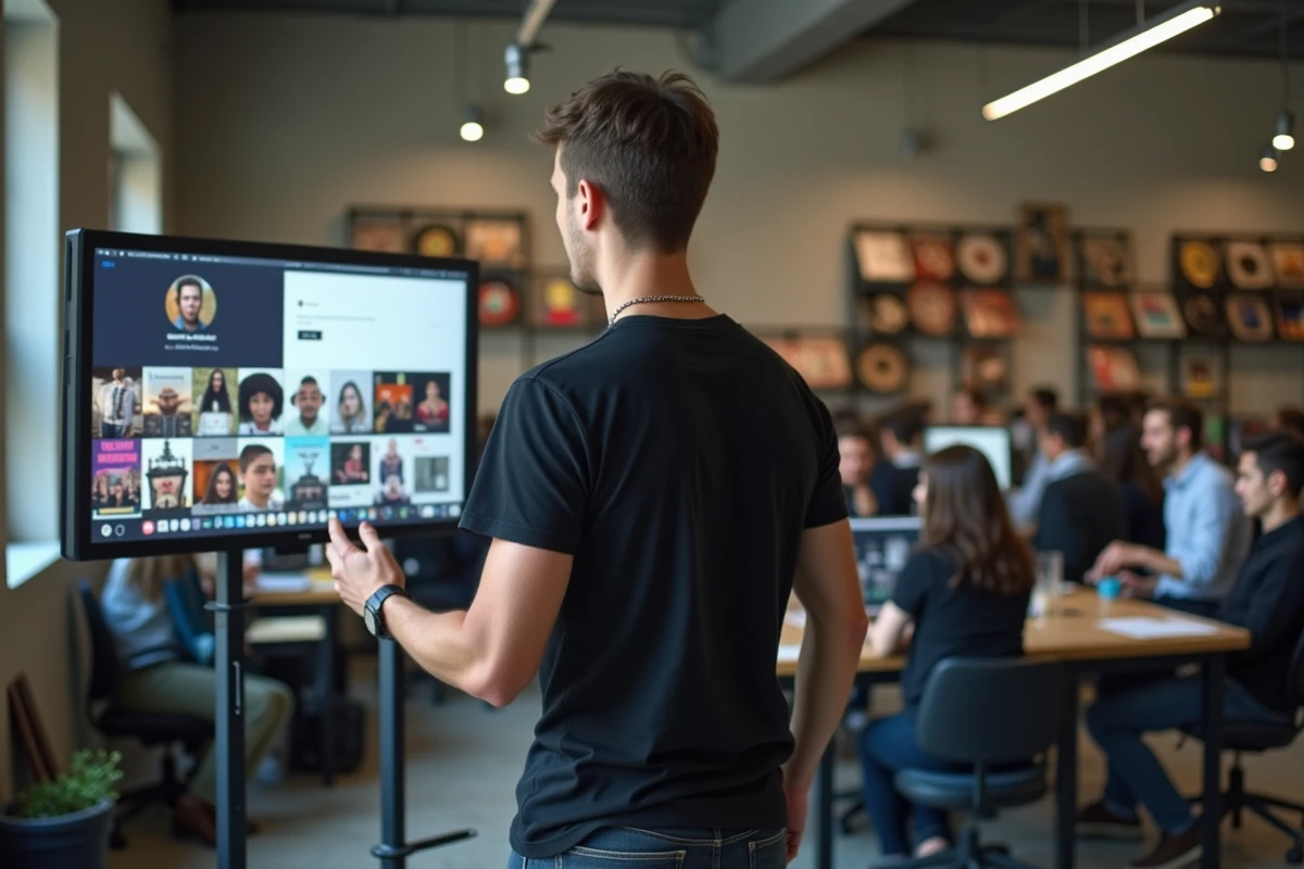 Créateur de contenu présentant sa stratégie Instagram devant un écran dans un espace de travail moderne