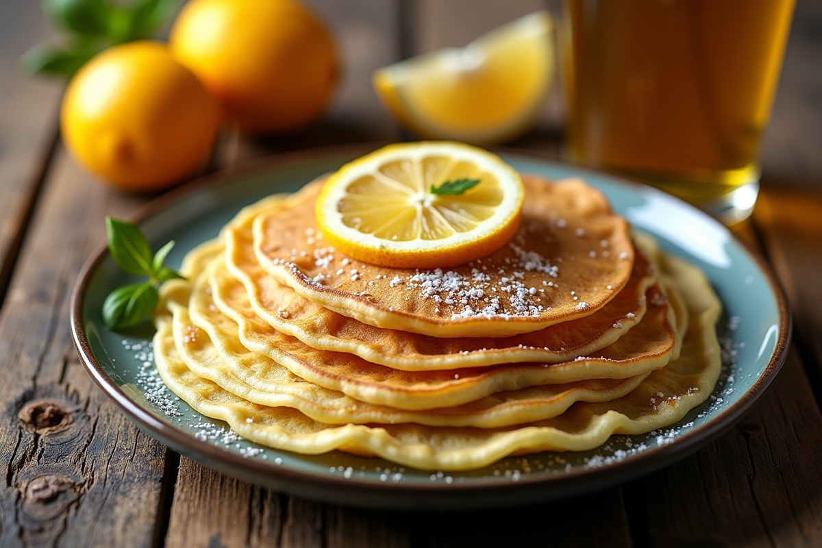 Crêpes fraîches empilées avec agrumes et bière