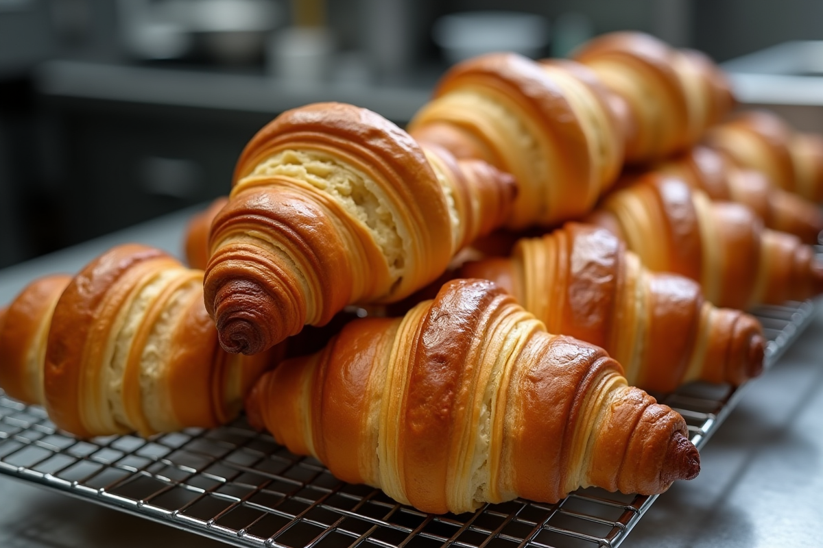 Une pile de croissants dorés sur un grille de refroidissement