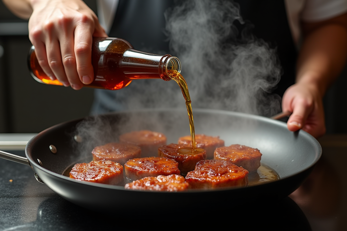 Cuisinier versant de la bière sur porc en poêle