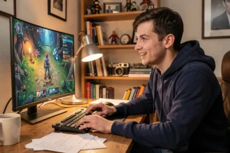 Jeune joueur débutant découvrant un MMORPG fantaisie sur son ordinateur dans un bureau confortable à la maison