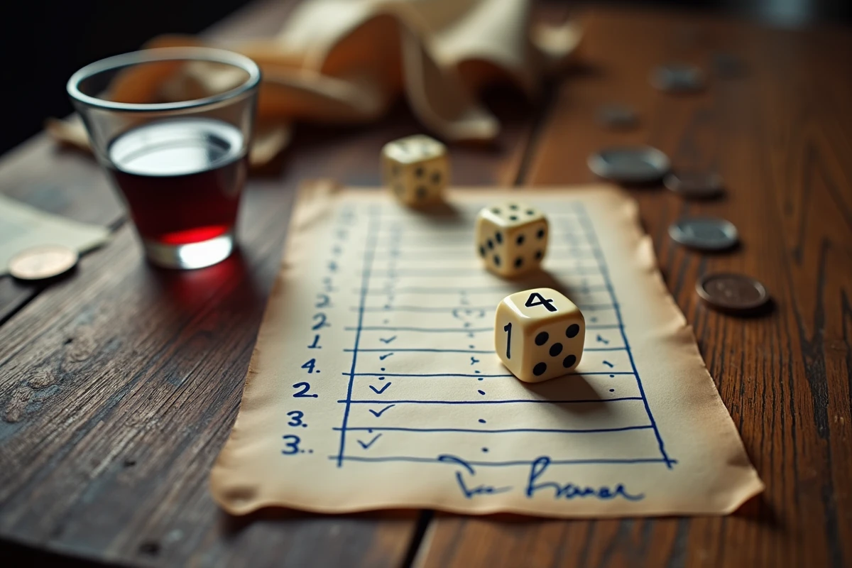 Vue du dessus des dés du jeu 421 affichant la combinaison gagnante sur une table en chêne avec une feuille de score manuscrite