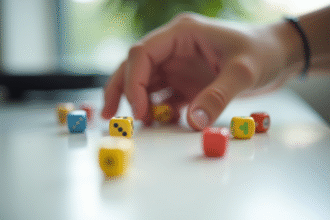 Gros plan sur des dés colorés sur un bureau blanc