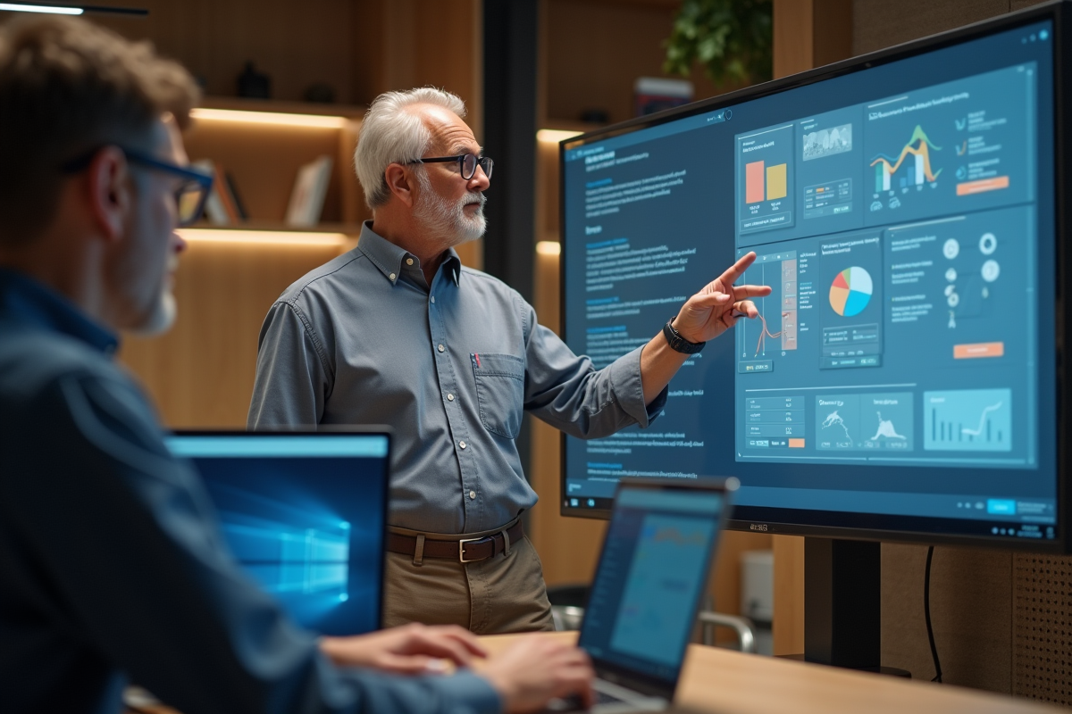 Designer UI âgé montrant une interface dans un espace de coworking