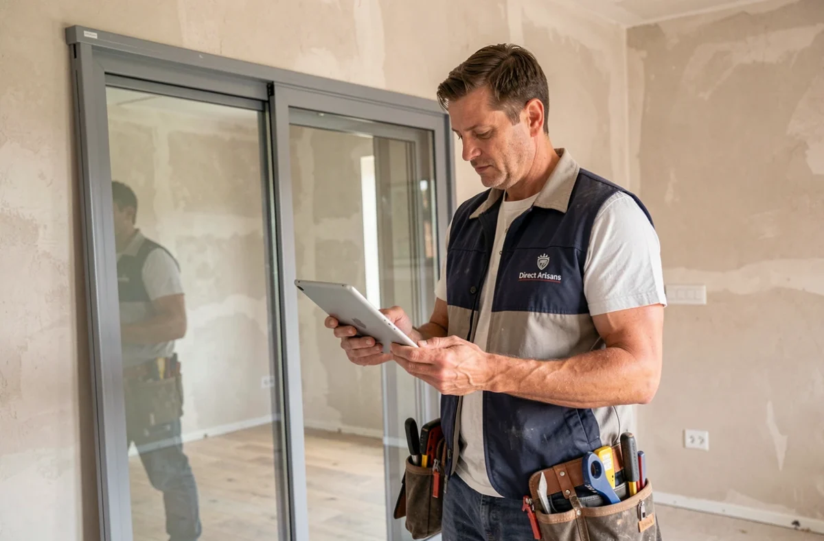 Artisan vitrier de Direct Artisans consultant une tablette sur un chantier de rénovation