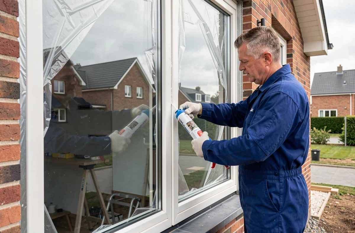 Deux techniciens de Duquenne Fermetures posant un double vitrage sur une maison neuve