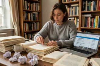 Écrivaine préoccupée face à une pile de manuscrits trop longs sur son bureau en bois