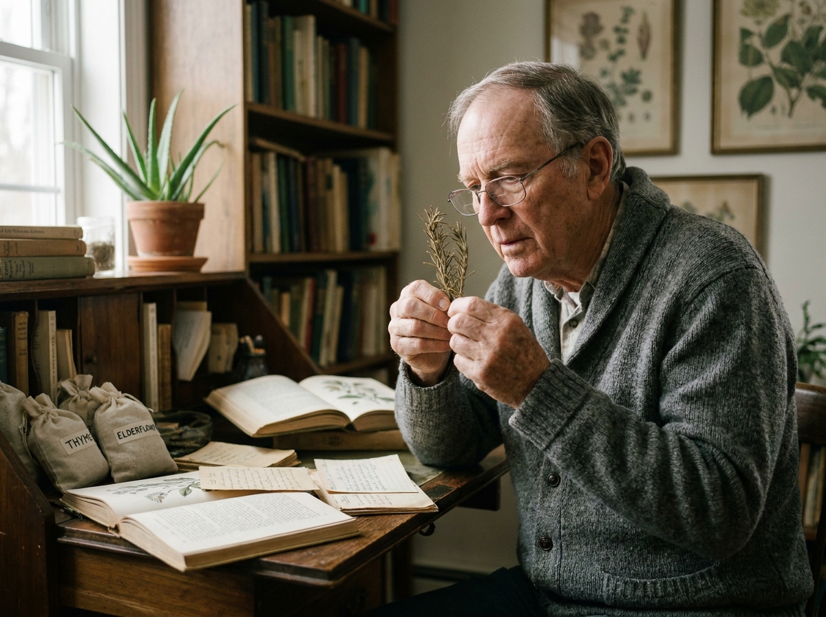 Homme âgé consultant des encyclopédies botaniques entouré de plantes médicinales séchées dans une bibliothèque