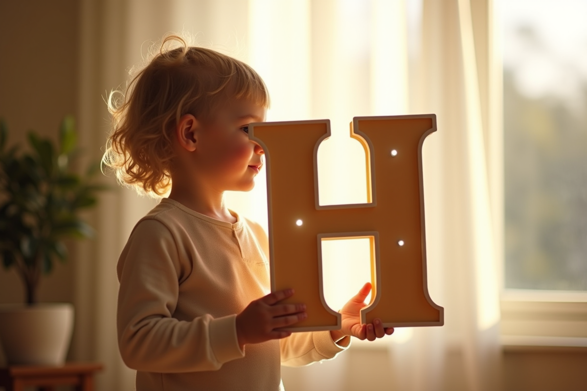 Jeune enfant tenant une grande lettre H près d