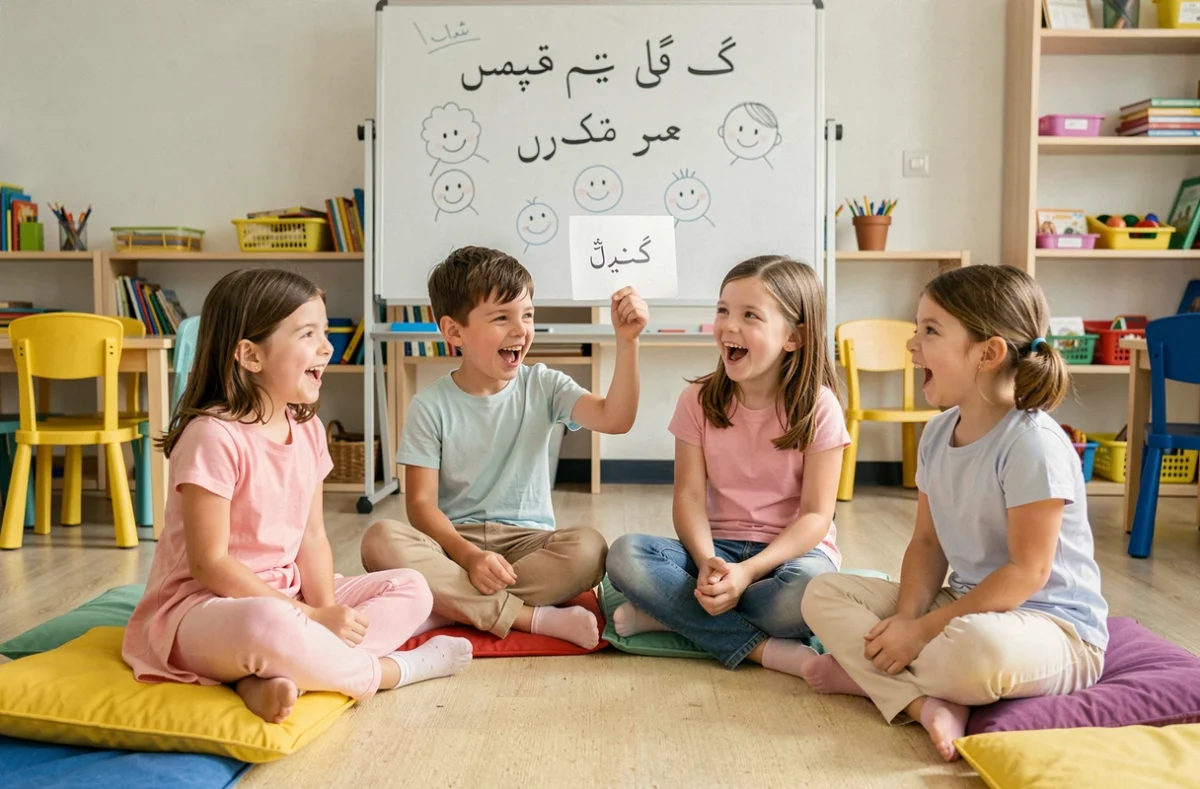 Groupe d'enfants souriants apprenant la bénédiction islamique Allahouma barik dans une salle de classe communautaire colorée