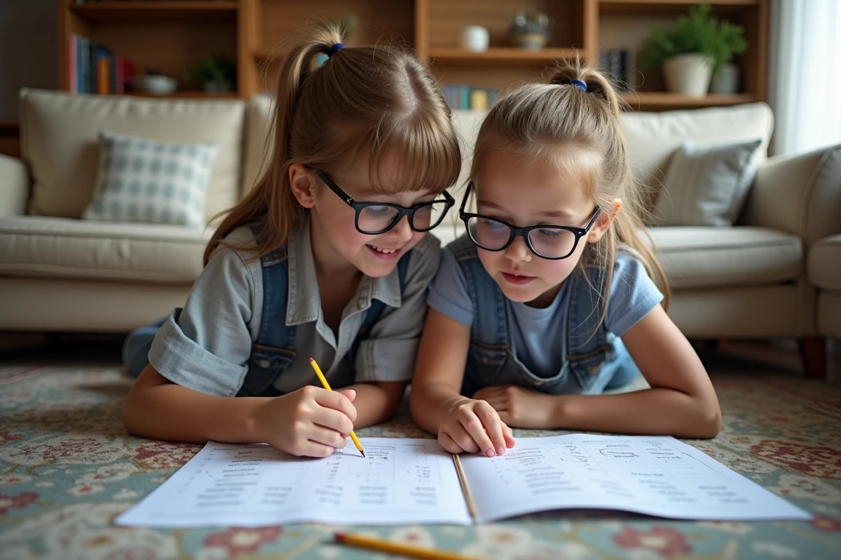 Deux enfants qui collaborent sur des exercices de conversion de mesures en mathématiques à la maison