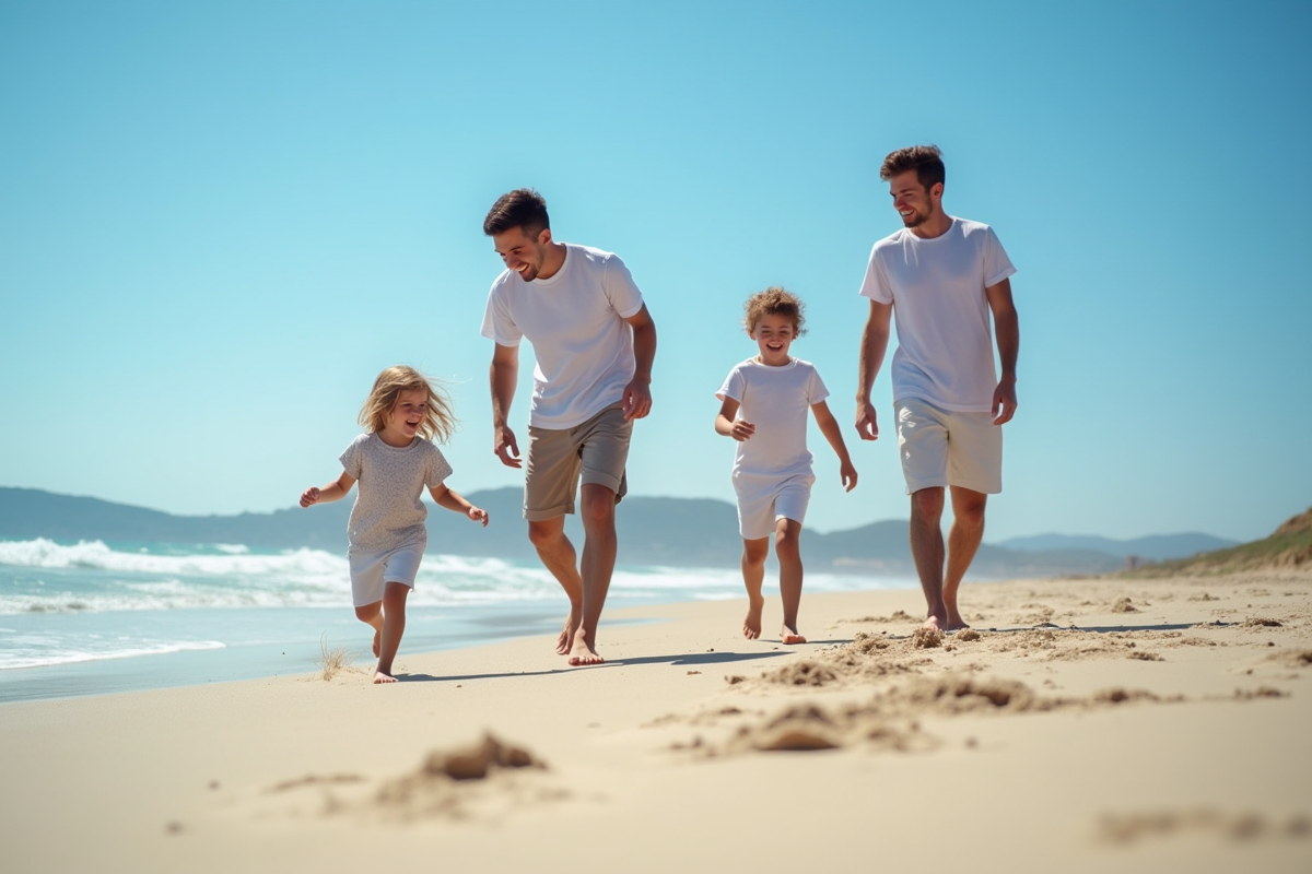 Enfants jouant sur la plage avec leurs parents souriants