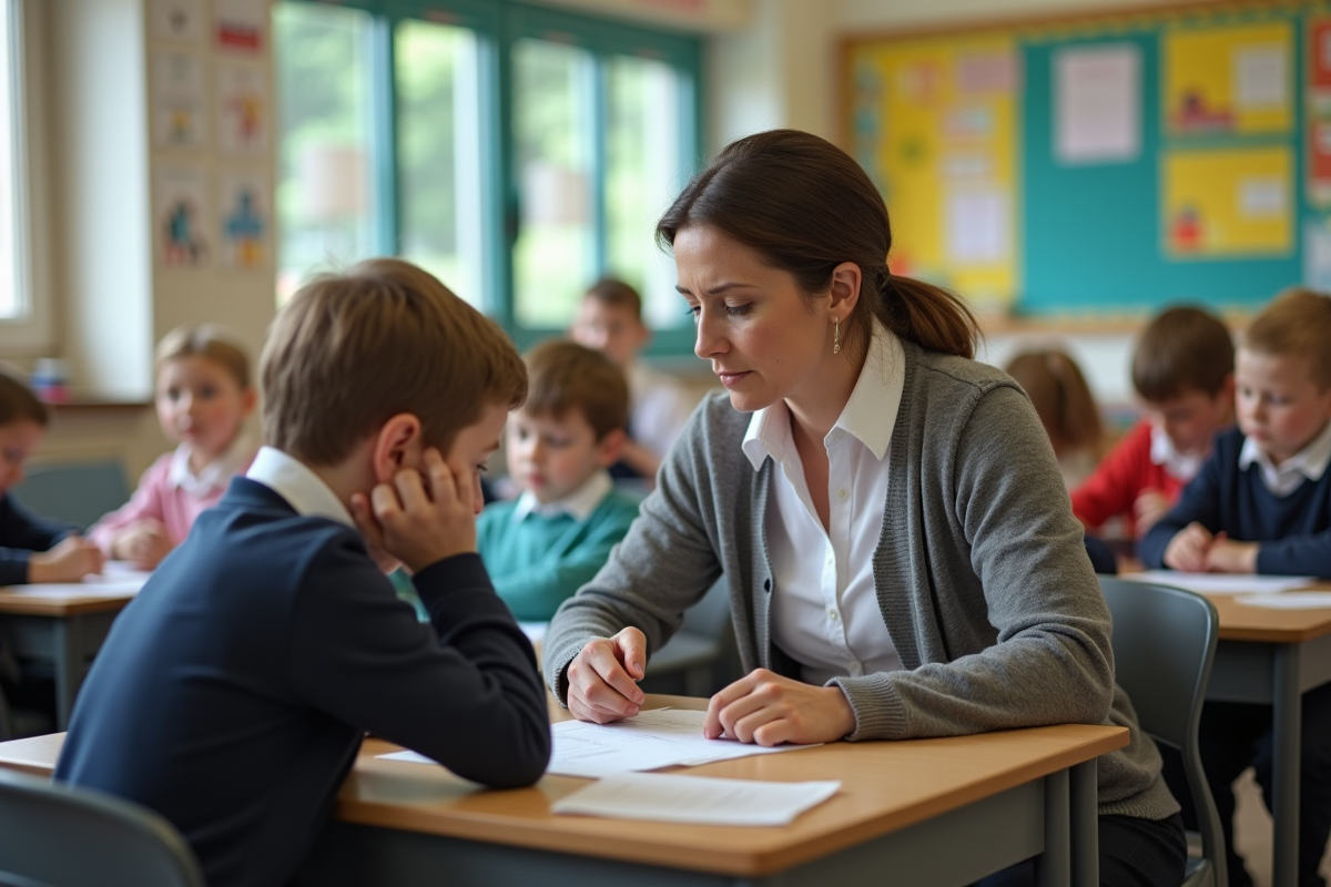 Professeur et élève dans une classe d école primaire