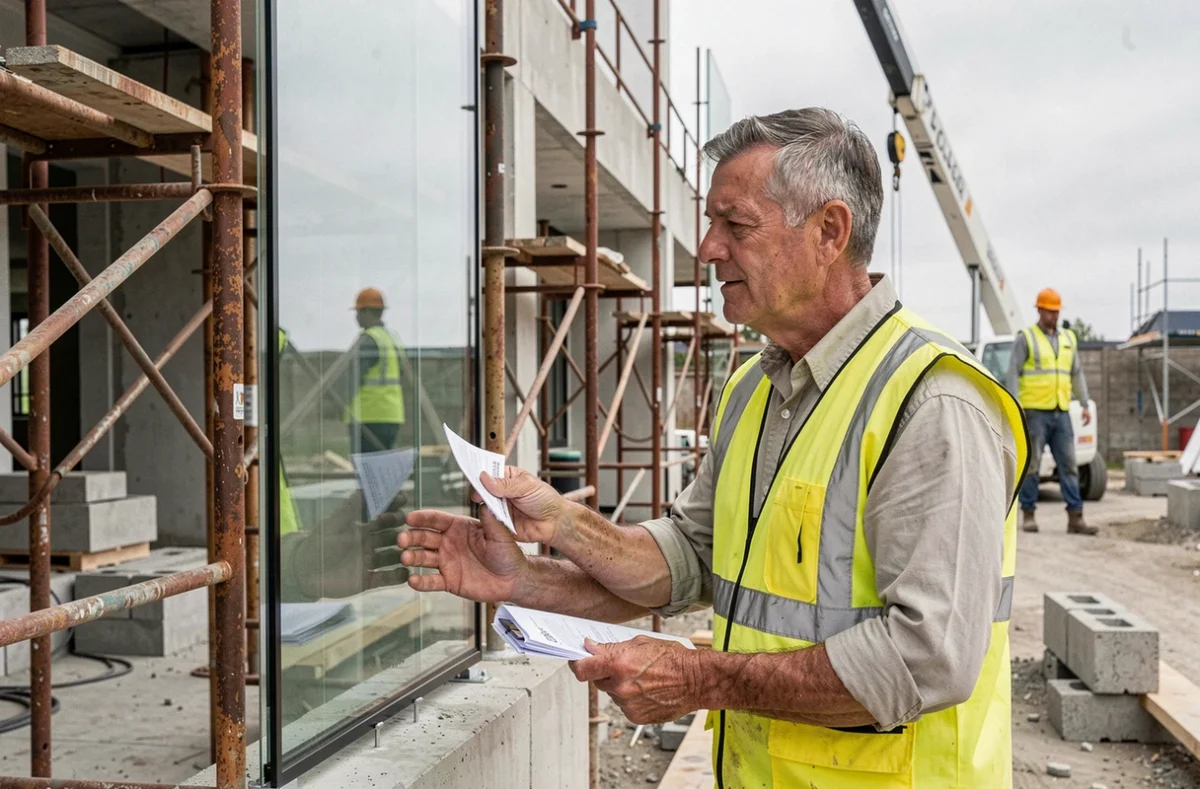 Entrepreneur José Ramos supervisant la pose d'une façade vitrée sur un chantier de construction