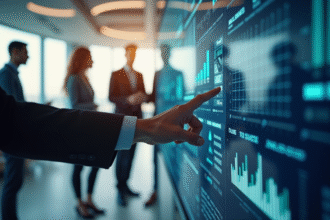 Groupe d'affaires utilisant un tableau digital interactif