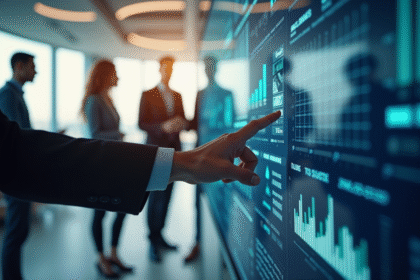 Groupe d'affaires utilisant un tableau digital interactif