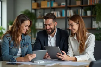 Trois personnes souriantes autour d'une table en réunion marketing