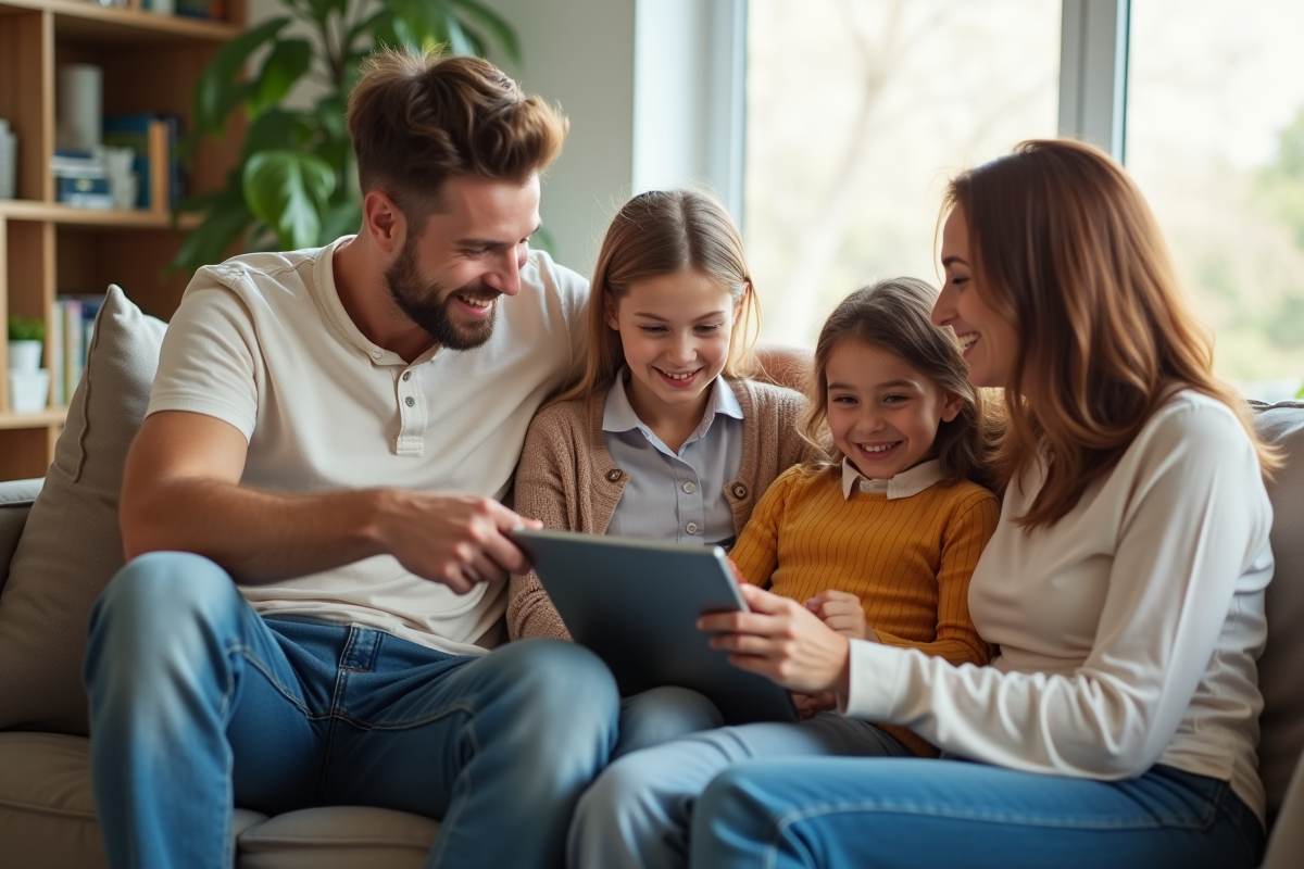 Famille discutant de finances avec tablette et carnet