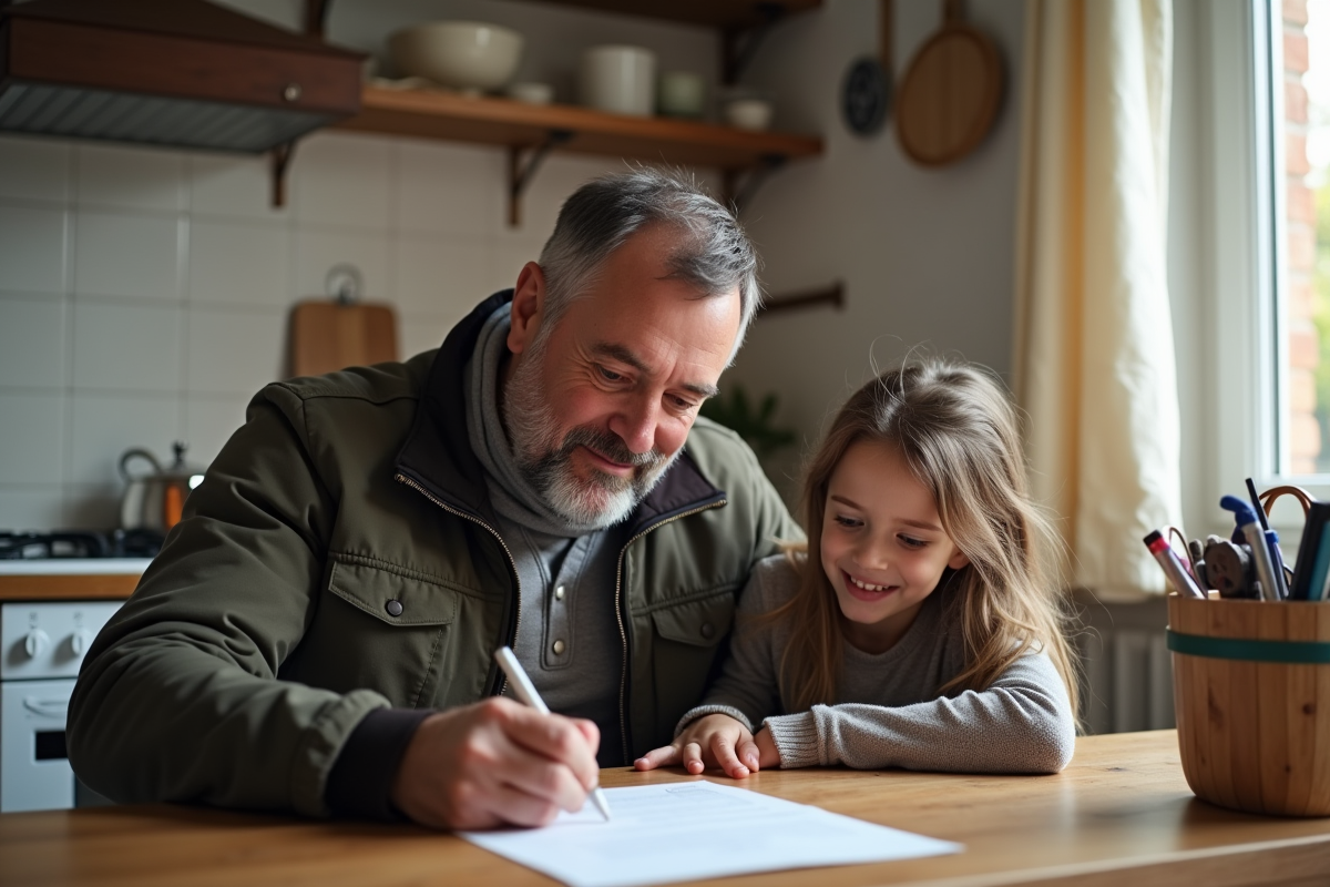 Homme et fille remplissant des papiers de mobilité dans la cuisine