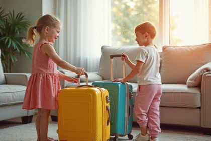 Famille heureuse préparant ses valises dans le salon lumineux