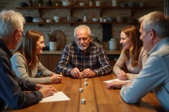 Famille réunie autour d'une table en bois jouant au jeu de dés 421, grand-père lançant les dés sous le regard attentif de sa petite-fille