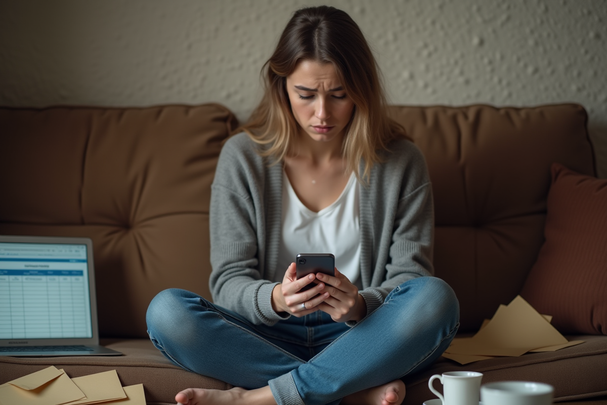 Jeune femme préoccupée utilisant son téléphone pour gérer ses finances
