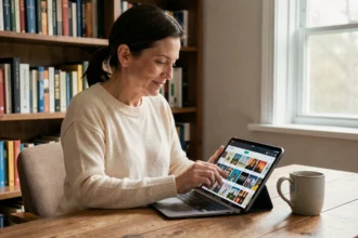 Femme parcourant une bibliothèque numérique sur tablette dans un bureau à domicile entouré de livres