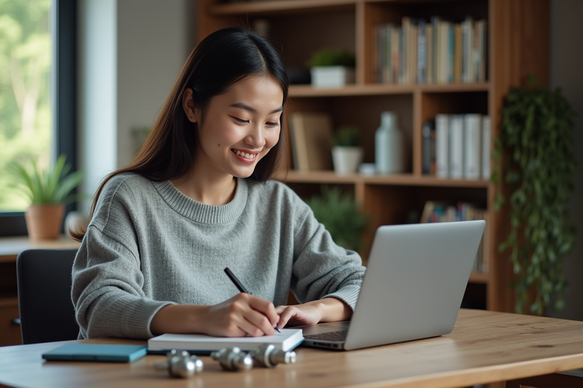 Femme regardant des avis en ligne sur des pièces auto à la maison