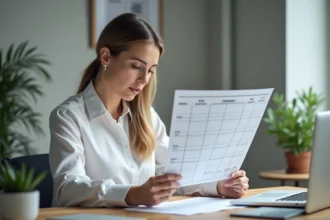 Femme professionnelle consultant un calendrier de semaines paires imprimé à côté d'un fichier Excel ouvert sur ordinateur portable