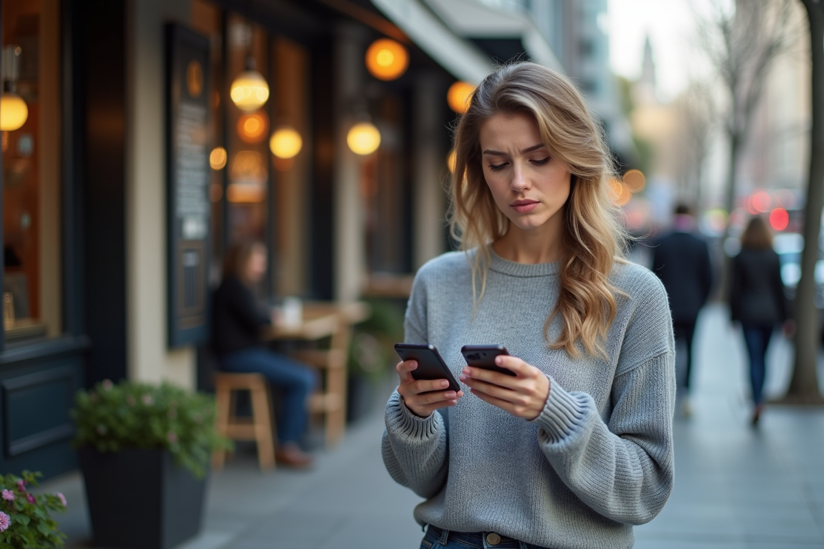 Femme dehors avec smartphone et application Bitcoin dans un cadre urbain