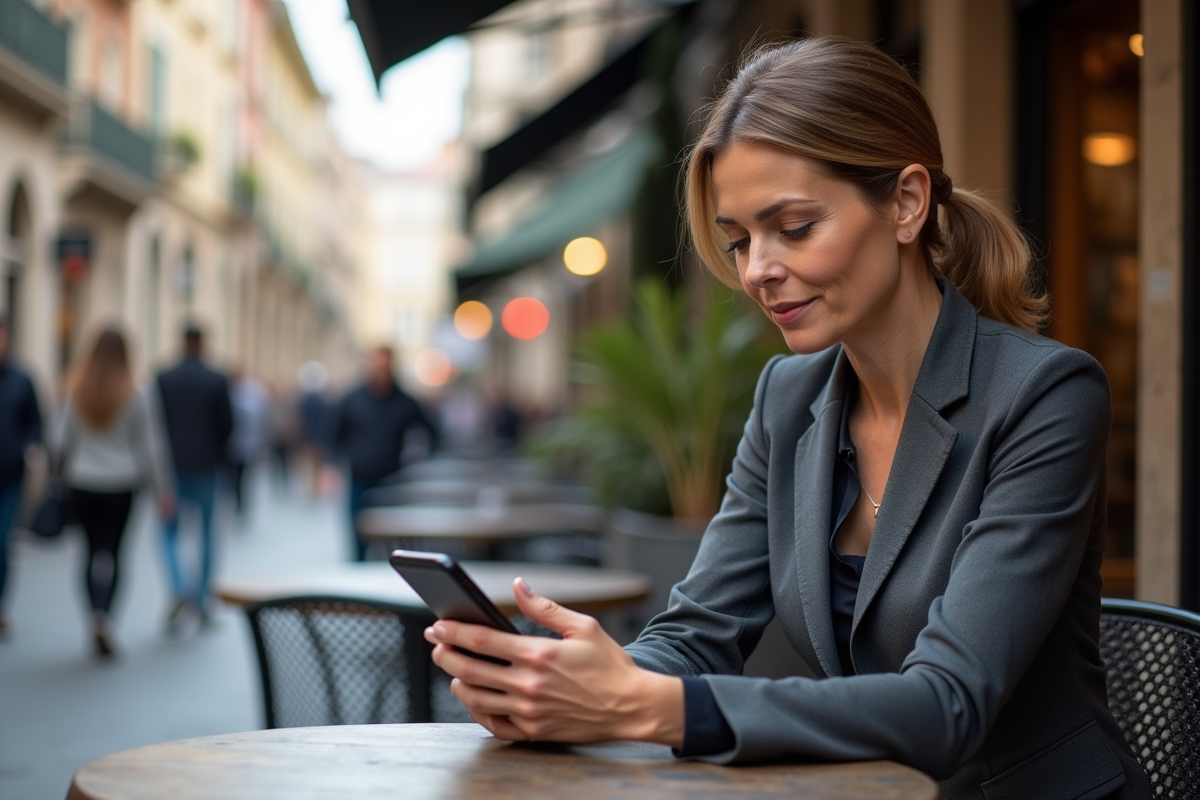 Femme vérifiant son VPN sur smartphone dans un café animé