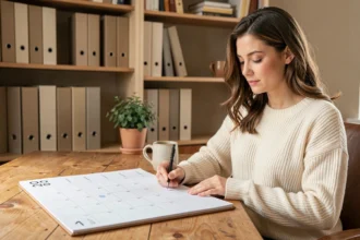 Femme organisant son année 2026 en écrivant dans un grand calendrier mensuel sur un bureau en bois dans un bureau à domicile cosy