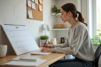Femme organisant un calendrier 2026 avec numéros de semaines paires et impaires sur un bureau en bois