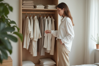 Jeune femme choisissant un vêtement dans une chambre minimaliste