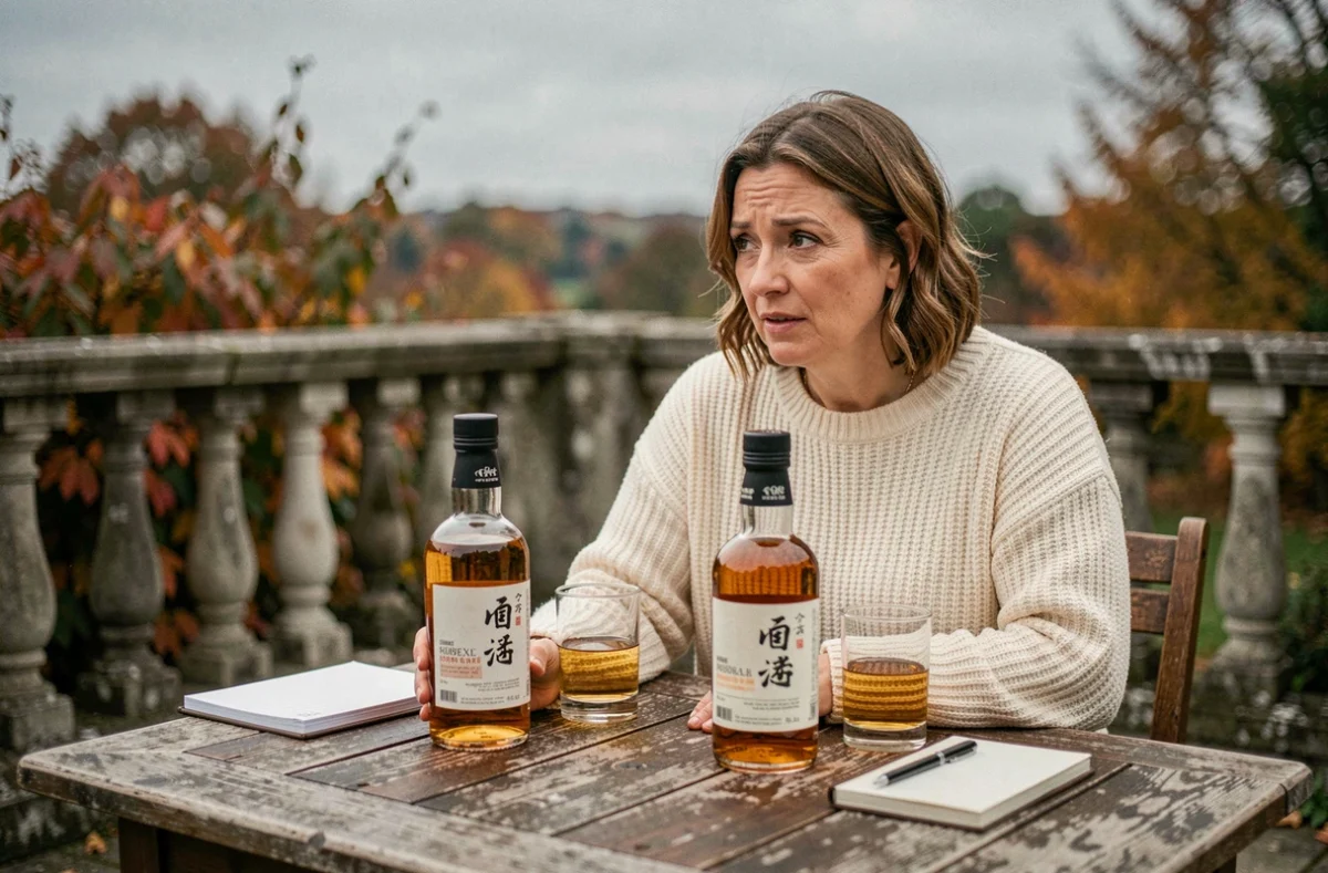 Femme comparant deux whiskies japonais Akashi en dégustation sur une terrasse en pierre à l'automne avec un carnet de notes