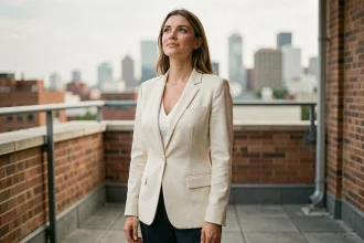 Femme confiante en blazer crème sur une terrasse urbaine, illustrant la confiance en soi et les dictons inspirants