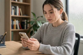 Jeune femme contactant le service client Sosh depuis son smartphone à son bureau à domicile
