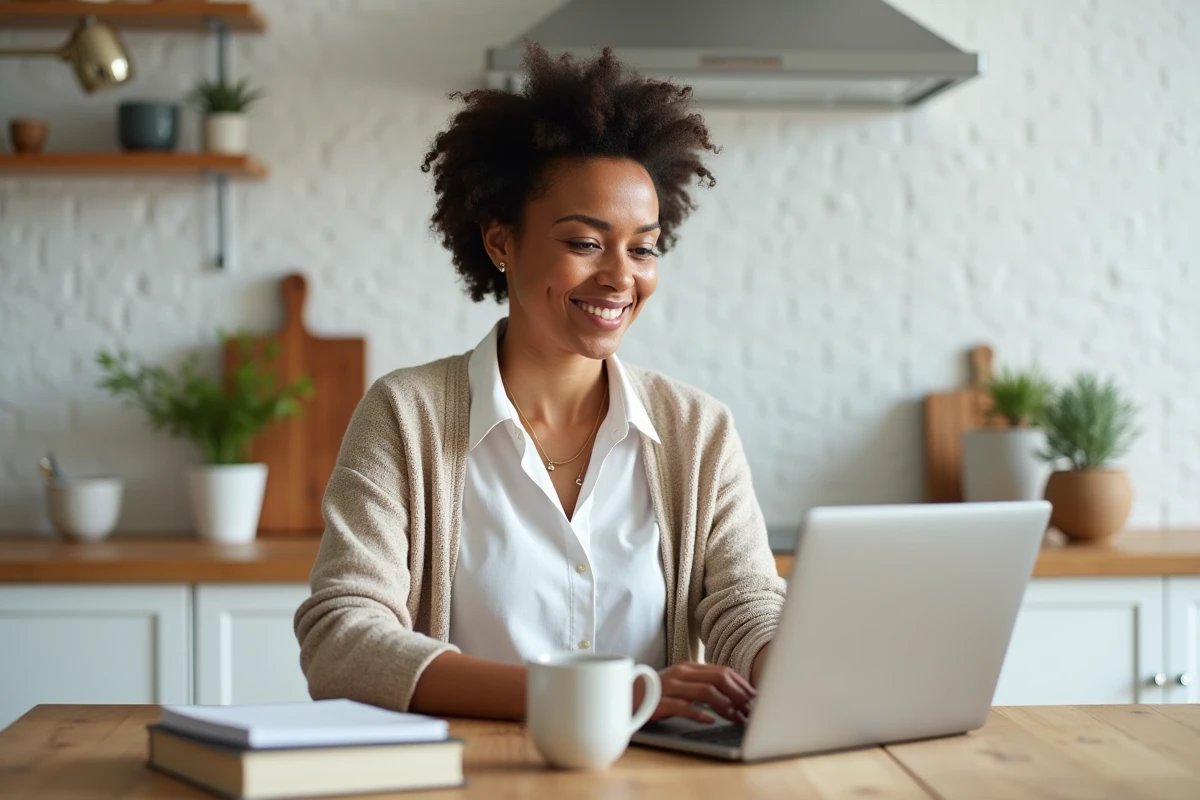 Femme souriante travaillant à la maison dans une cuisine lumineuse